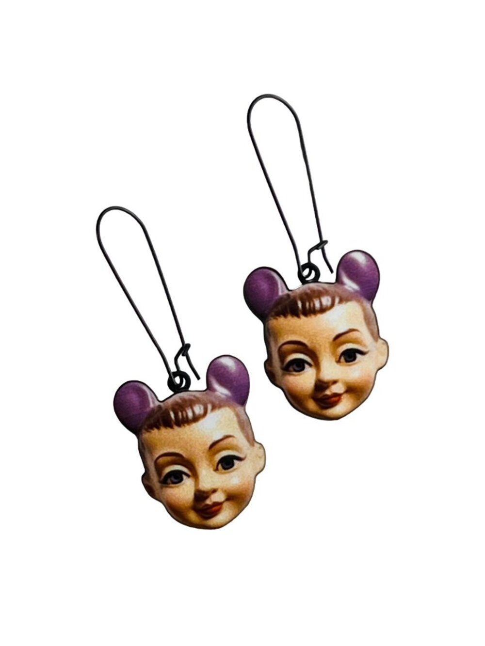 Vintage Style Doll Face Purple Mouse Ears Whimsical Quirky Woodcut Drop Earrings